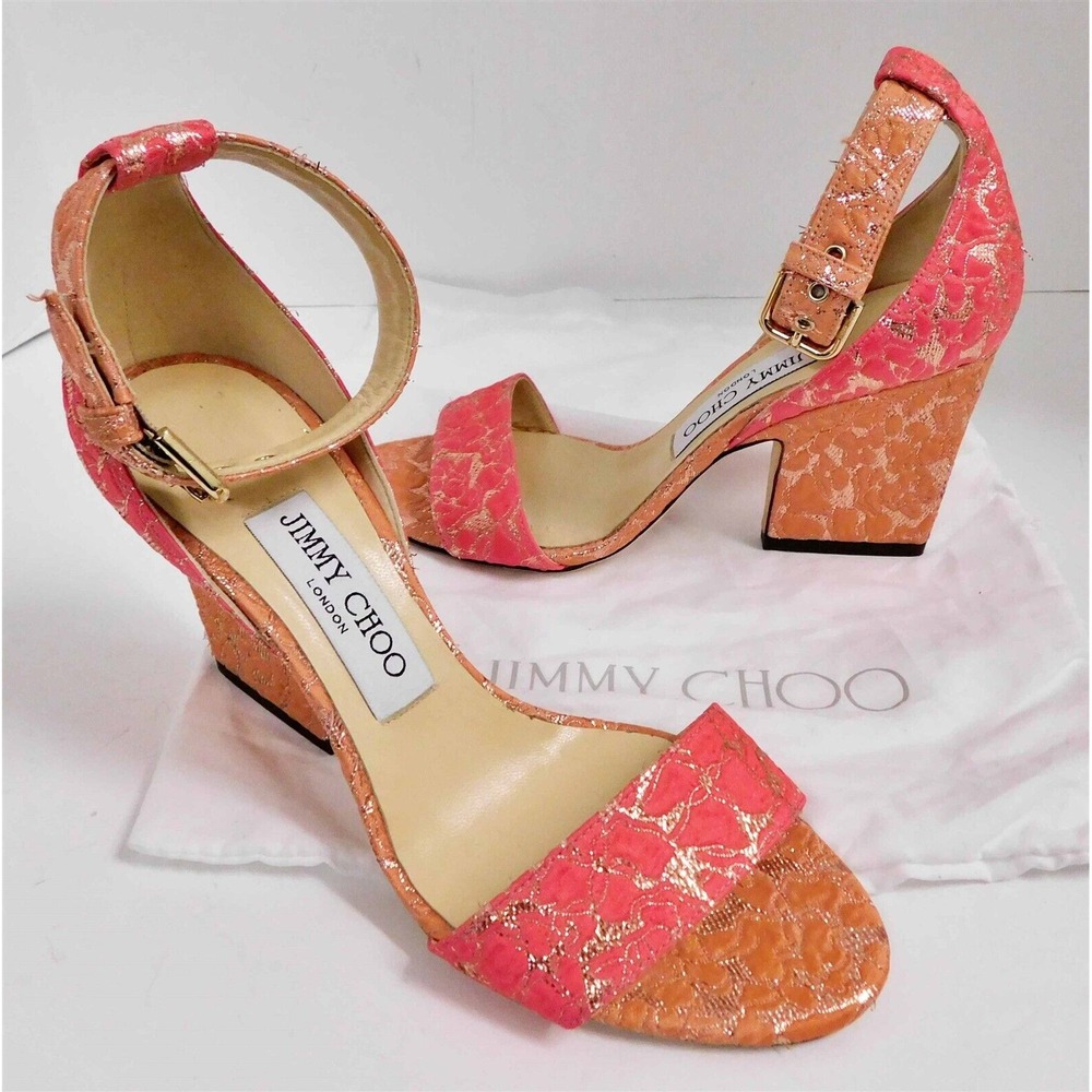 Jimmy Choo Edina Two Tone Pink Gold Metallic Fabric Strappy Heels Italy 36